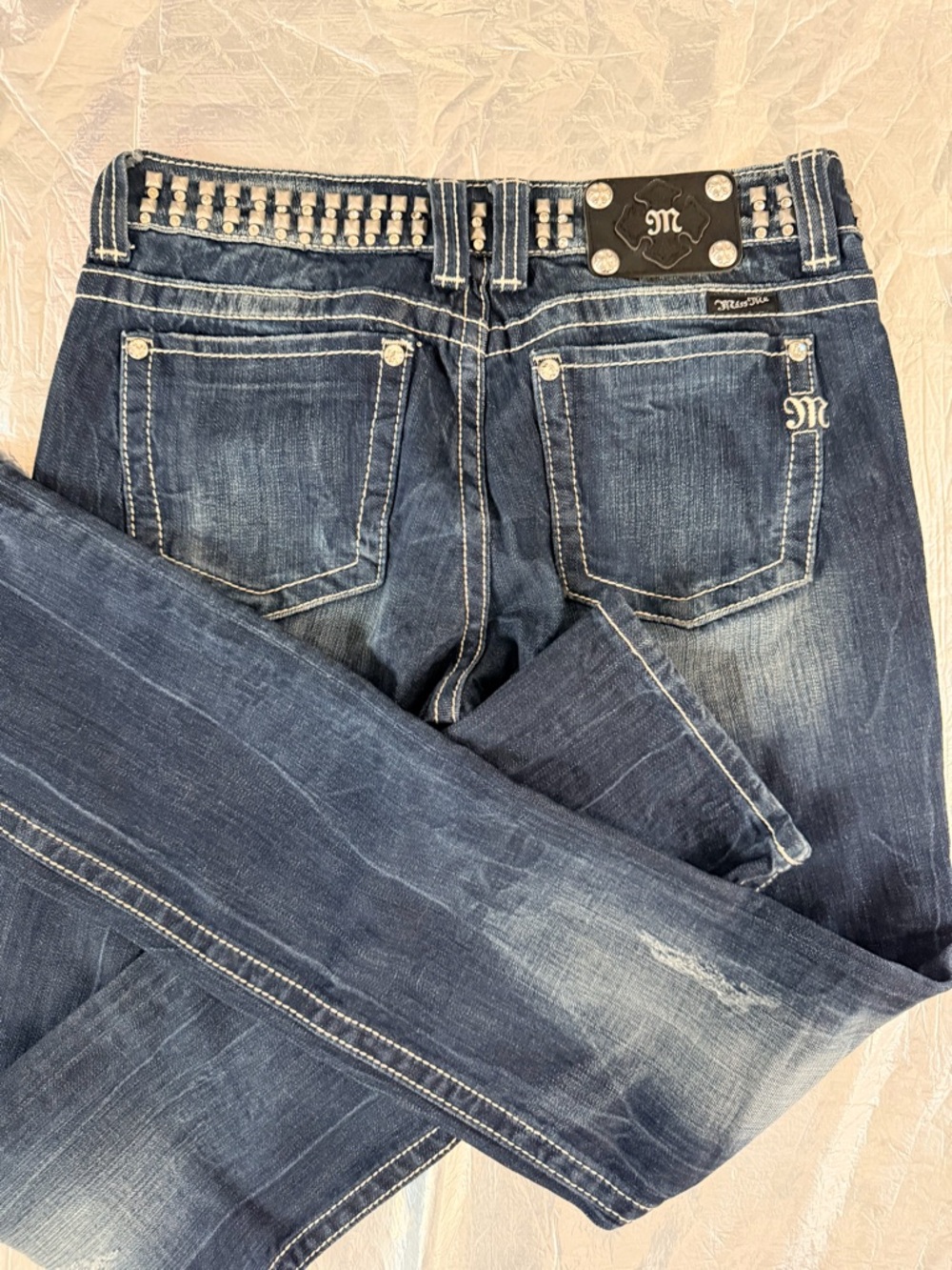 Miss Me Dark Wash Straight Leg Jeans with Studded Waist Size 30 Bling